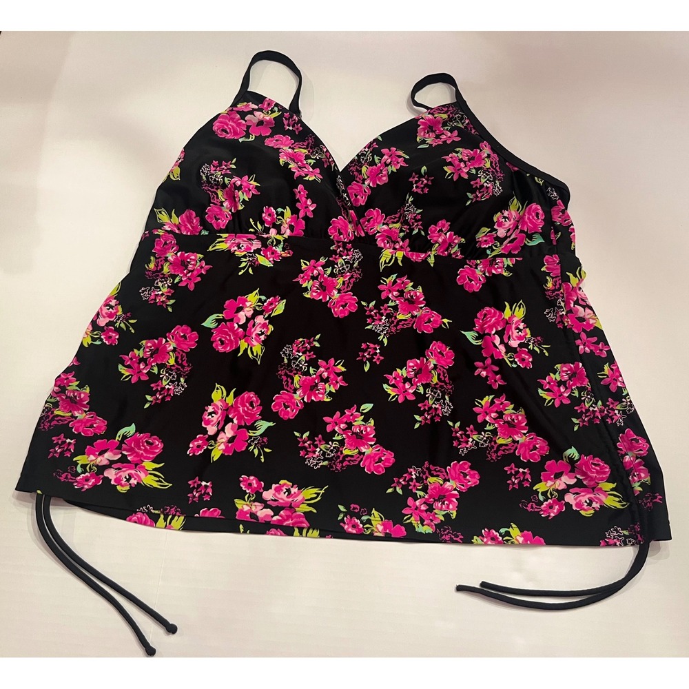 Catalina Plus Womens 3X Tankini Swim Top Black Pink Floral Cinch Side 22W-24W
